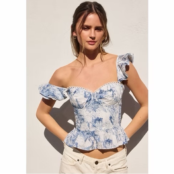 Blue & White Toile Ruffle Shoulder Bustier Top - Picture 4 of 4